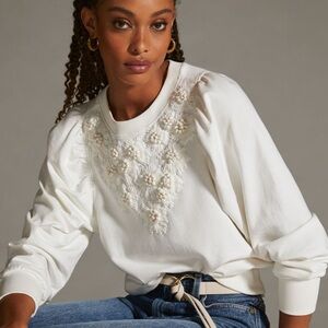 Anthropologie Embroidered Sweatshirt Ivory XS